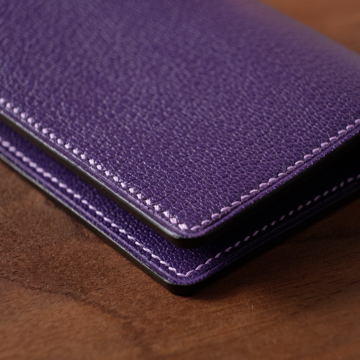 Oak and Honey Leather Goods Folding Cardholder Detail Stitching Purple
