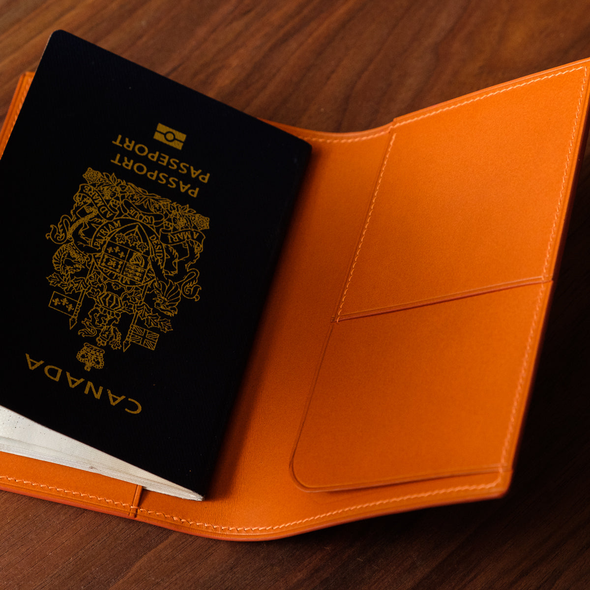 Oak and Honey Leather Goods Passport Cover Interior with Passport